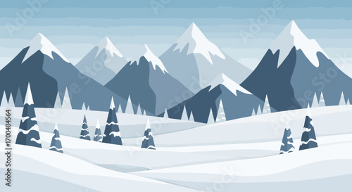 Serene Flat Design Winter Mountain Landscape with Snow-Capped Peaks and Pine Trees