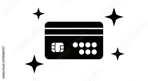 Clean minimalist black credit card icon with sparkles on white background.