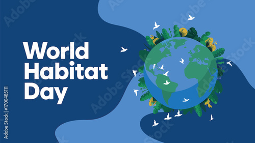 Vector art of world habitat day graphic featuring a stylized earth surrounded by greenery and birds flying, conveying environmental harmony and global living