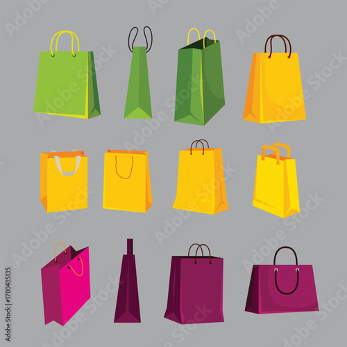 Paper shopping bag set. Isolated blank bags with handle icons. Retail sale, gift package vector illustration
