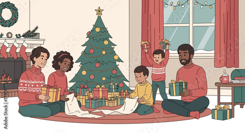 Happy multi-ethnic family opening Christmas gifts in a cozy festive living room illustration.