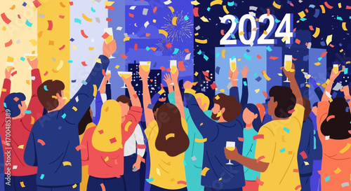 Joyful diverse crowd toasts 2024 with confetti fireworks city lights