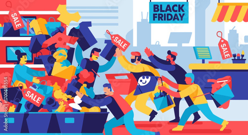 Vibrant flat style: Crowded shoppers rush for Black Friday sale deals.