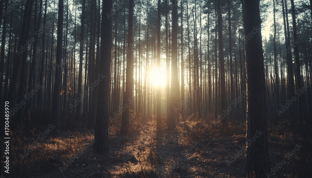 Fototapeta premium The warm sunlight filters through the tall, slender pine trees of a dark forest, creating a striking contrast between light and shadow.