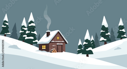 Cozy Winter Cabin with Smoke Rising in a Peaceful Snowy Landscape Vector Illustration
