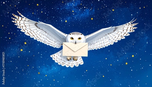 A white owl, a wizard's messenger, flies through the night sky over London, England, delivering letters.：angel with wings