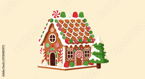Whimsical Gingerbread House Adorned with Candies Icing and a Snowy Tree
