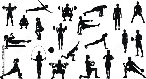 Fitness workout silhouette collection of men and women, gym exercise poses, training positions, strength workout, isolated on white background