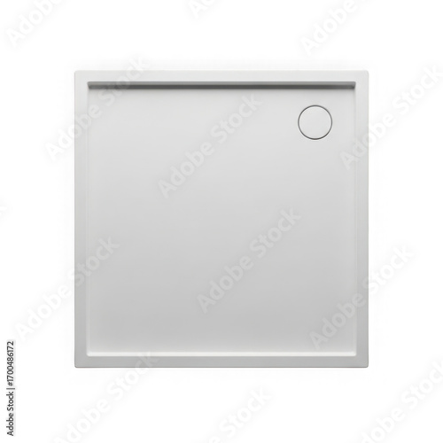 Modern white square shower tray with a circular drain isolated on transparent background