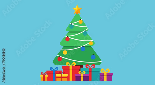 Joyful Flat Design Christmas Tree with Presents and Bright Ornaments