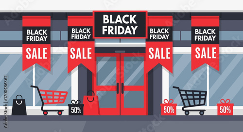 Promotional Storefront with Black Friday Sale Banners Carts and 50% Off