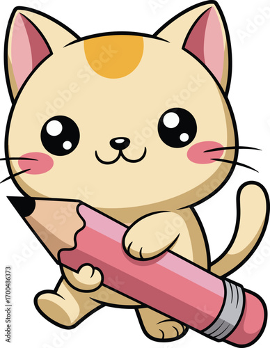 Adorable cartoon kitten holding pink pencil with smile, kawaii style cat character for education, drawing, creativity, school design flat vector illustration