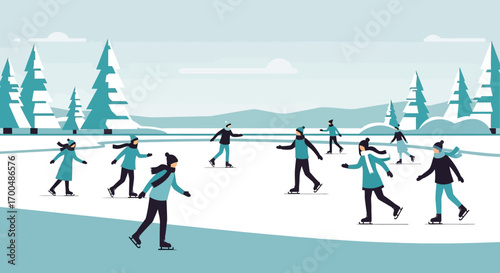 Joyful Flat Design Characters Ice Skating on a Frozen Lake Amidst Winter Pines