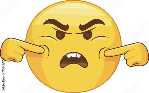 Angry emoji face with furrowed eyebrows and clenched teeth, frustrated cartoon smiley poking cheeks with fingers, irritated emoticon expression, upset mood flat vector illustration