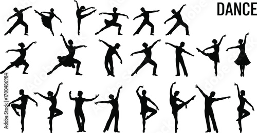 Silhouettes of dancers in motion, ballet and contemporary dance poses, male and female performers, isolated vector illustration on white background