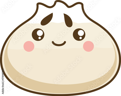 Cute cartoon dumpling with smiling face and blushing cheeks, kawaii food character illustration, adorable Asian bun design for kids flat vector illustration