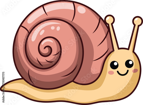 Cute cartoon snail with smiling face and spiral shell, adorable slow-moving animal character for kids, nature, garden, fun flat vector illustration