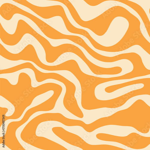 Vector seamless pattern with fluid organic shapes. Abstract liquid texture with wavy flowing forms, marble effect. Funky childish orange and cream background. Modern repeated decorative design