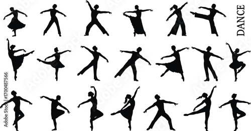 Silhouettes of dancers in motion, ballet and contemporary dance poses, male and female performers, isolated vector illustration on white background