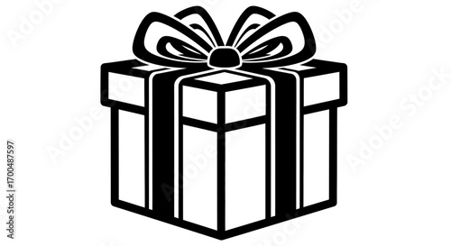 Stylized Black and White Gift Box with Bow Icon Vector Illustration