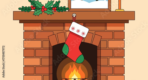 Cozy Fireplace with Christmas Stocking Holly and Burning Fire Flat Vector Illustration