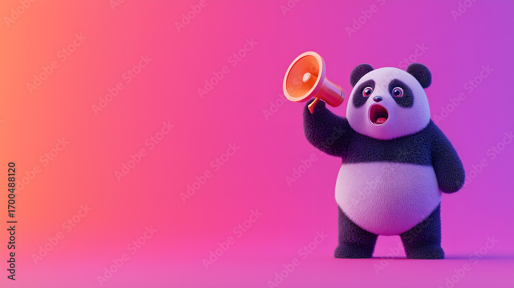 Naklejka premium A panda excitedly speaks into a large megaphone