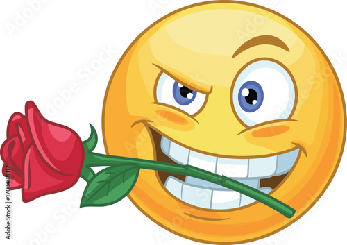 Flirty emoji face with red rose in mouth, romantic cartoon emoticon expression, fun love symbol, humor icon, digital art