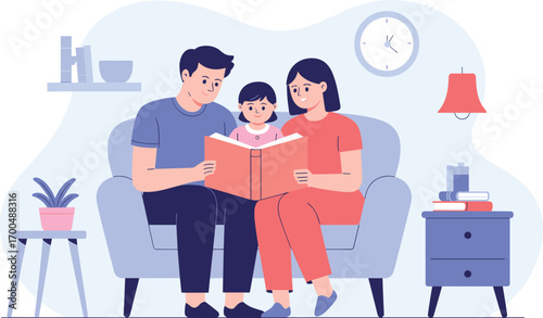 Happy family reading book together on couch, parents and child enjoying storytime, cozy home environment, bonding, parenting, education, love, family time, togetherness, happiness
