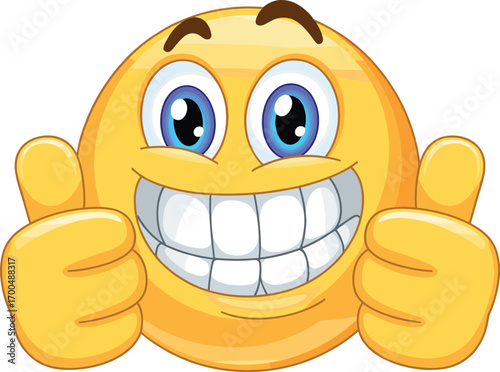 Grinning emoji cartoon with big smile and double thumbs up, cheerful emoticon expressing happiness, positive gesture, digital vector artwork