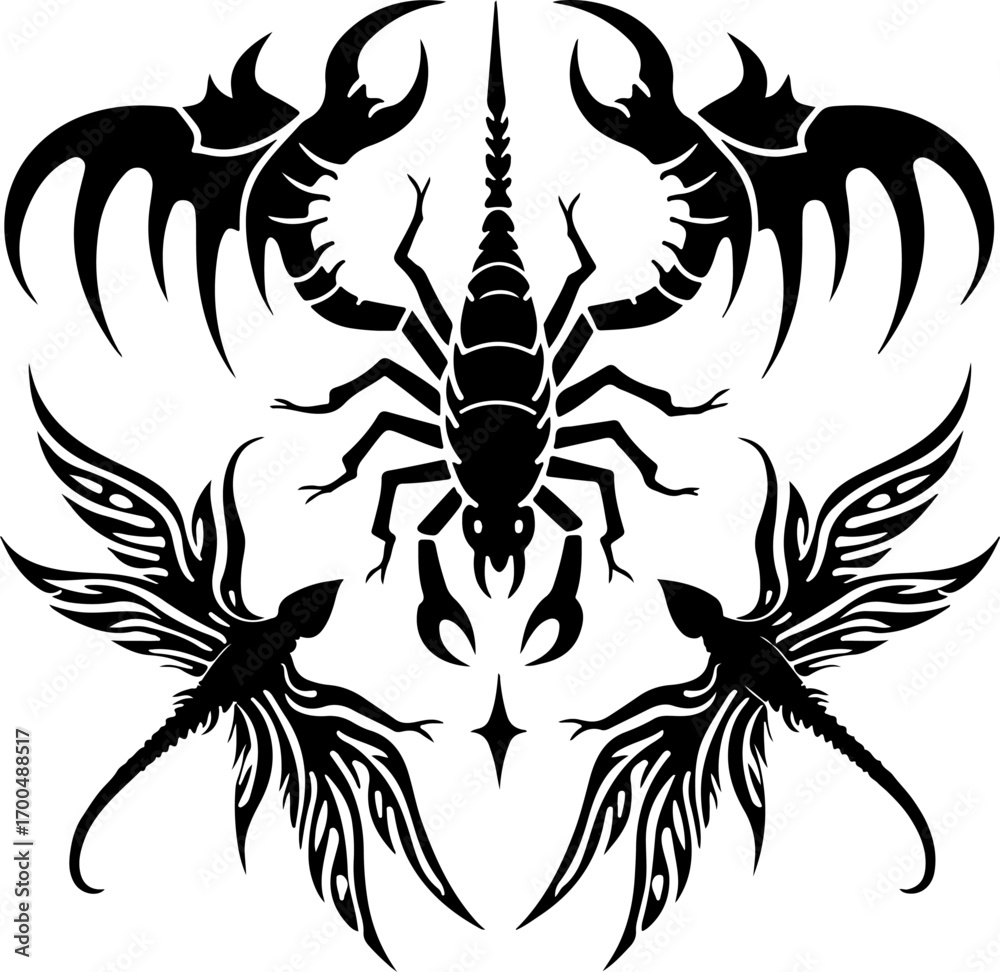 Fototapeta premium Tribal Scorpion and Winged Creature Tattoo Design