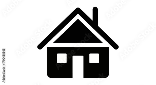 Minimalist Black Silhouette of a House with Angled Roof and Chimney on White
