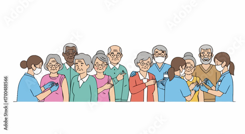 Vaccination Campaign Illustration Depicting Healthcare Workers Administering Vaccines to Diverse Elderly Individuals, Promoting Public Health Awareness