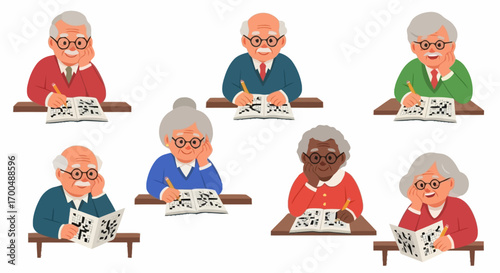 Group of Senior Citizens Engaging in Cognitive Activities and Mental Exercise, Ideal for Memory Care, Brain Health, and Senior Living Illustrations