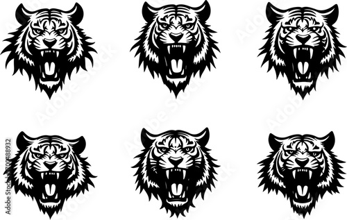 "Set of Roaring Tiger Head Silhouettes in Tribal Style"