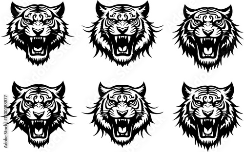 "Set of Roaring Tiger Head Silhouettes in Tribal Style"