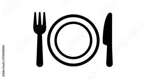 Minimalist black silhouette icon of a fork plate and knife table setting on white.