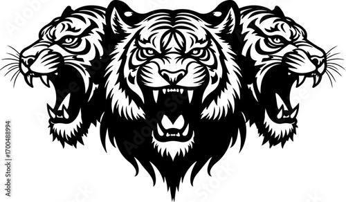 "Set of Roaring Tiger Head Silhouettes in Tribal Style"