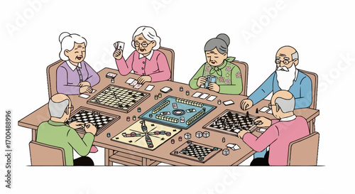 Group of Senior Citizens Engaged in Various Board Games and Card Games, Promoting Social Interaction and Mental Stimulation in Retirement Communities