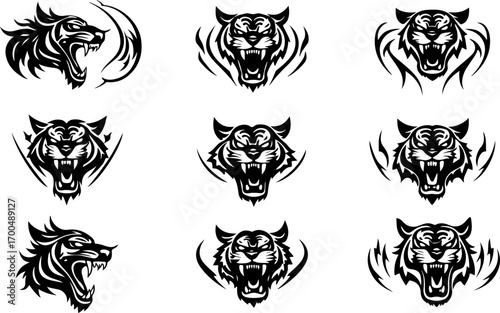 "Set of Roaring Tiger Head Silhouettes in Tribal Style