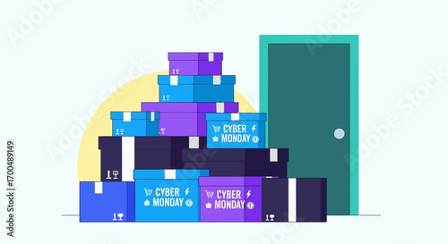 Abundant Cyber Monday delivery boxes stacked by a door vibrant flat design