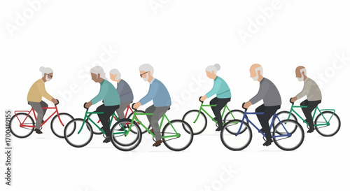 Active Senior Lifestyle Illustration Featuring a Group of Elderly People Enjoying a Bike Ride for Promoting Healthy Aging and Recreational Activities