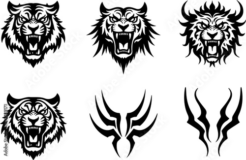 "Set of Roaring Tiger Head Silhouettes in Tribal Style