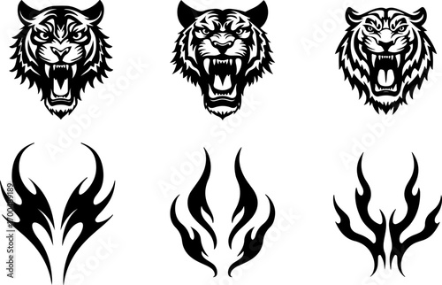 "Set of Roaring Tiger Head Silhouettes in Tribal Style