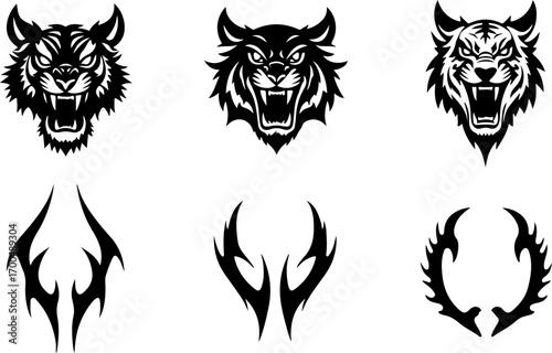 "Set of Roaring Tiger Head Silhouettes in Tribal Style