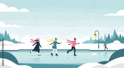Joyful people ice skating on a frozen pond in a serene winter park