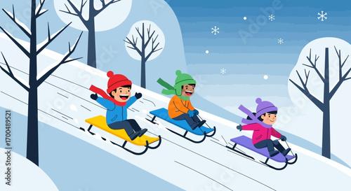 Three Joyful Children Sledding Down a Winter Hill in Playful Flat Design