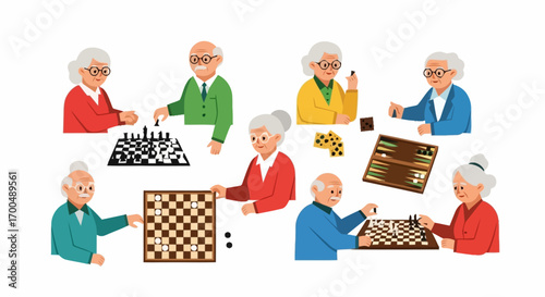 Diverse Group of Seniors Enjoying Games Together, Promoting Active Aging, Social Interaction, and Cognitive Stimulation, Suitable for Geriatric Care and Community Engagement
