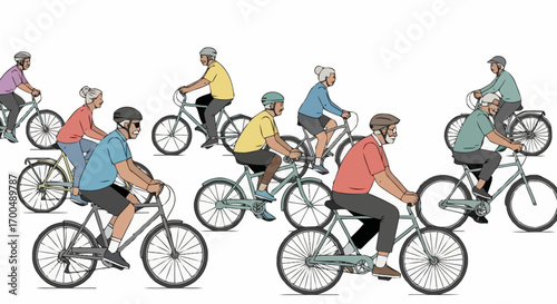 Diverse group of seniors enjoying a bicycle ride together, promoting healthy aging, active lifestyle, and community engagement for wellness programs and senior living advertisements.