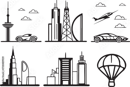 Modern futuristic city parachute car airplane tower flat vector icons set