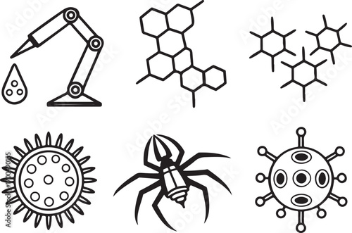 Nano scientific technology vector illustration icons set. Futuristic and Sci-Fi Life icon in flat outline and editable stroke line art